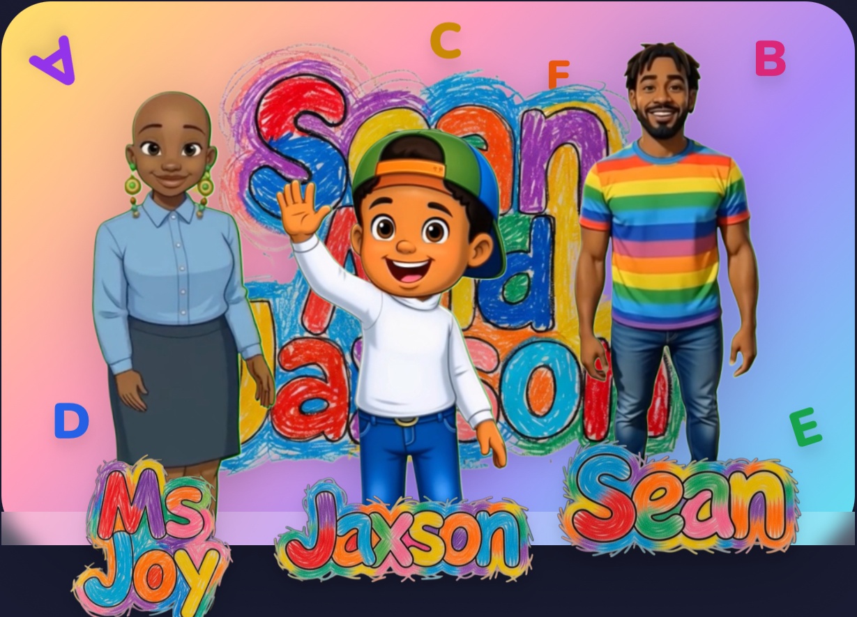 Sean And Jaxson banner: Ms. Joy, Jaxson waving, and Sean with colorful alphabet letters