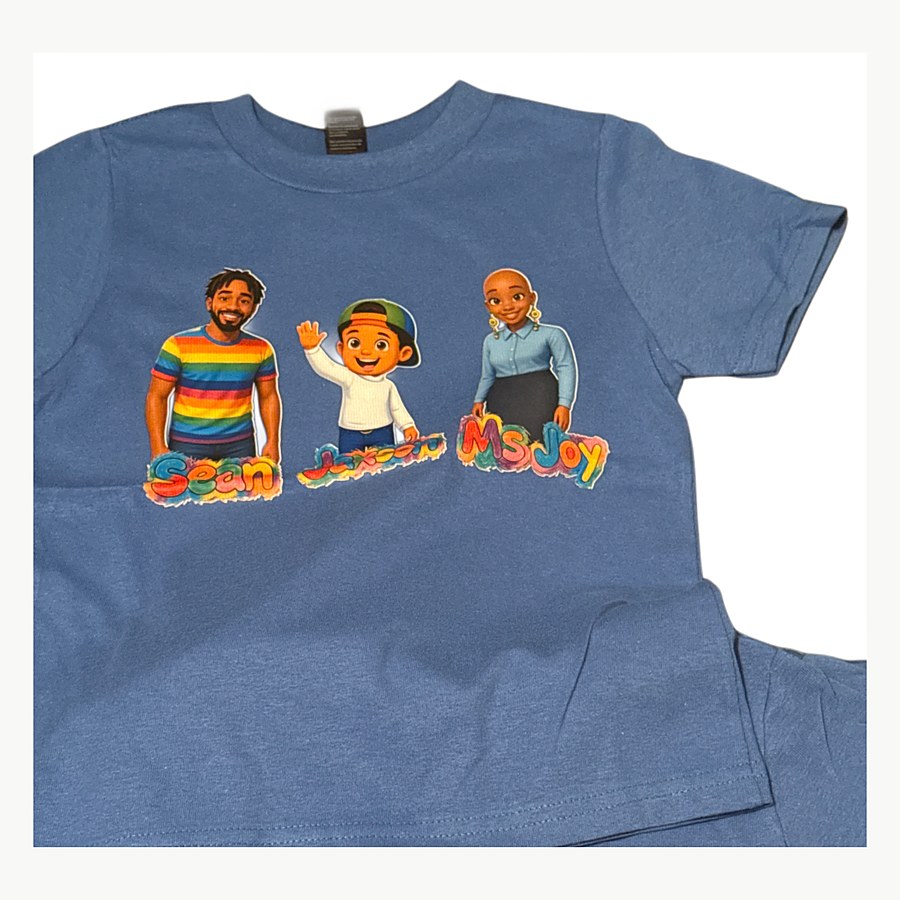 Blue kids T-shirt with Sean, Jaxson and Ms. Joy